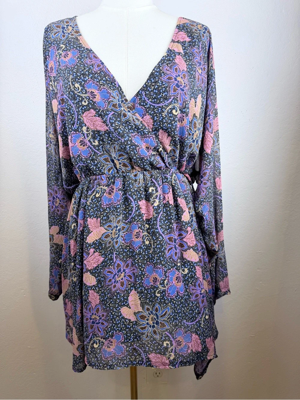 Free People Navy Floral Print Tunic with Lavender & Blush Accents